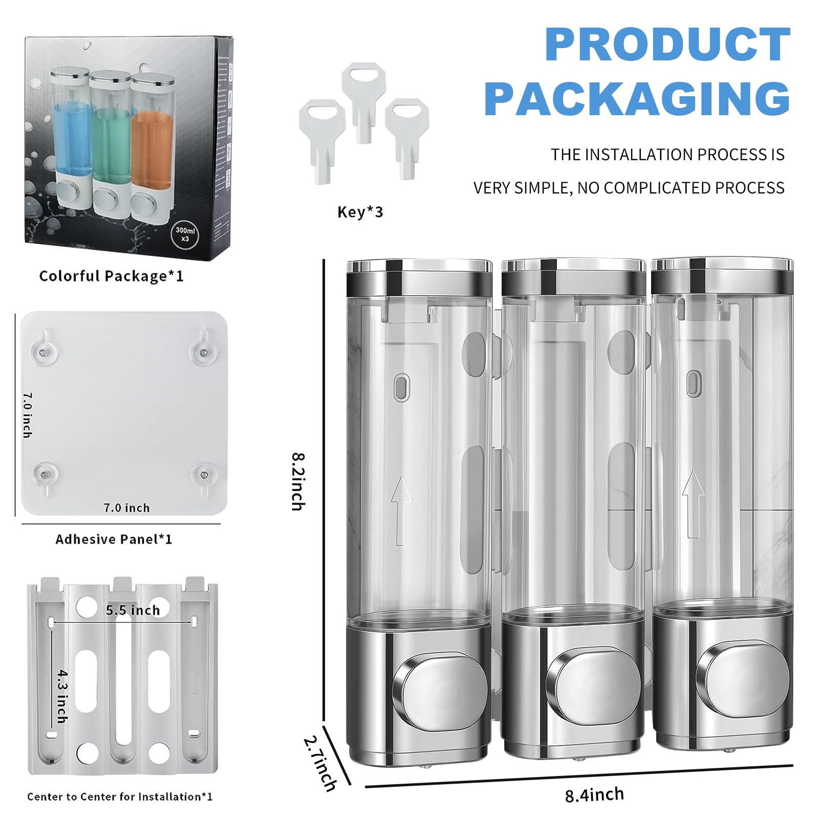 シャンプー&コンディショナー ディスペンサー壁取り付け式 300ml 3個 シャンプー ディスペンサー 壁掛け 3連式 大容量 500ml 鍵付き